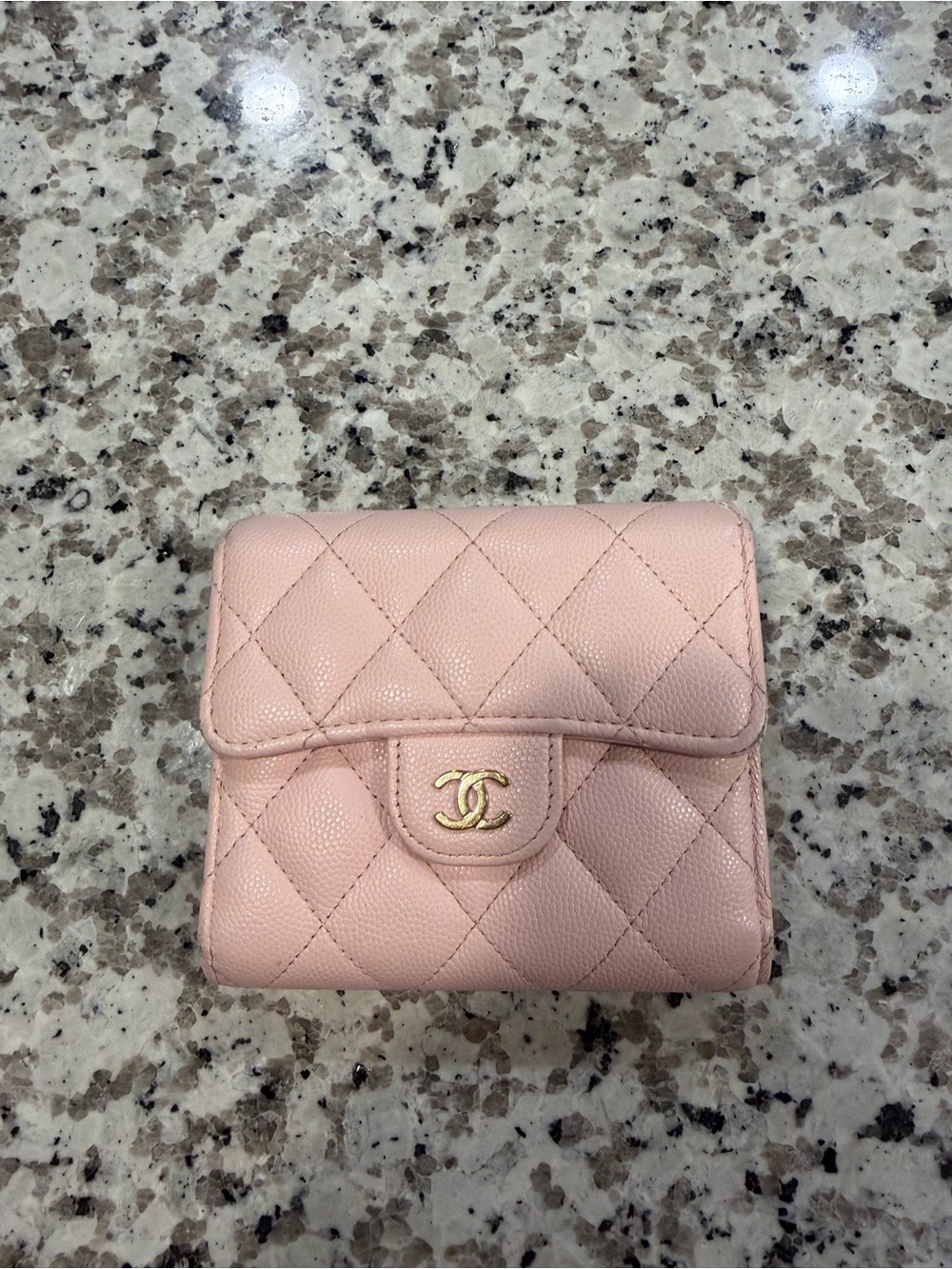 CHANEL Pink Quilted Caviar Leather Compact Wallet with Gold CC